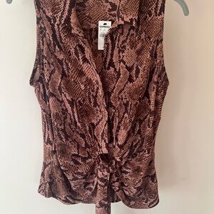Express Brown Wrap Blouse with Notched Collar